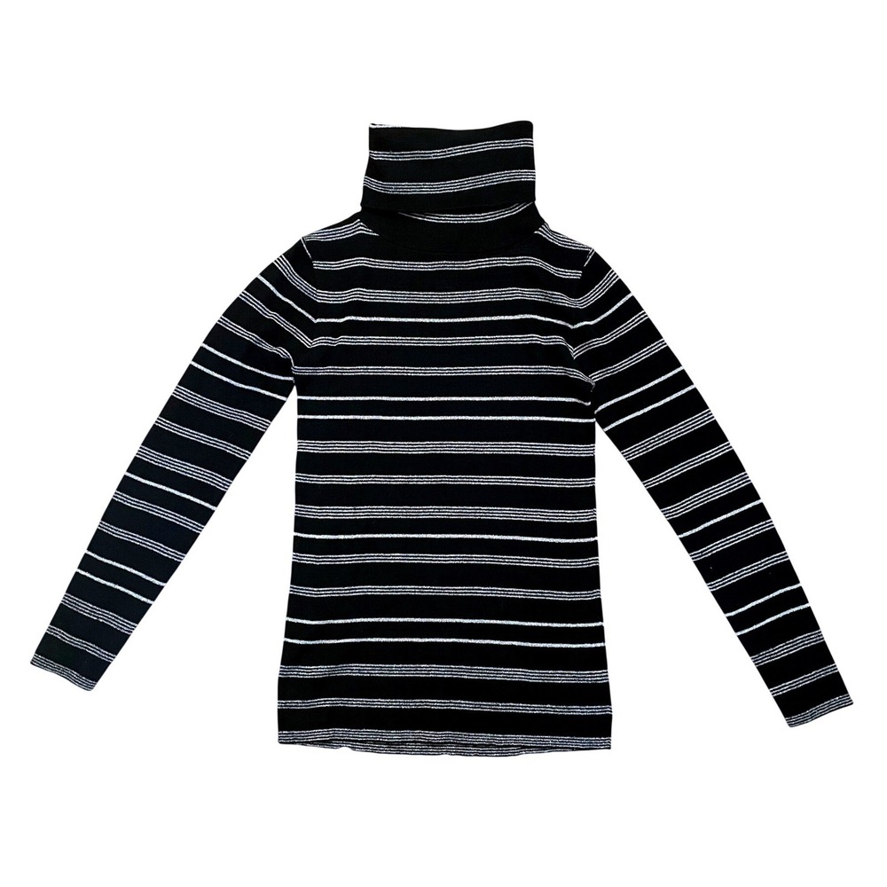 Vintage Black Silver Metallic Striped Turtleneck Sweater Small The Villager